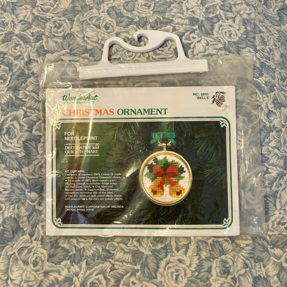 Vintage Christmas Ornament Needlepoint Kit Bells & Wreath Candle Wonderart